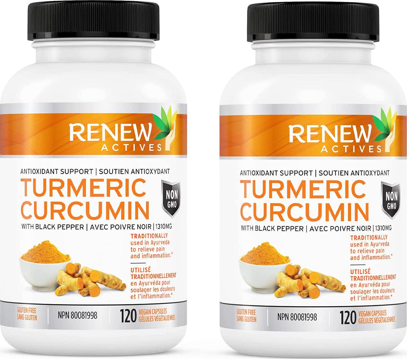 DOUBLE STRENGTH ORGANIC TURMERIC + BLACK PEPPER: Renew Actives 1300mg Turmeric Curcumin Supplement with Bioperine - Natural Anti Inflammatory Pills for Joint Pain Support - 120 Veggie Capsules