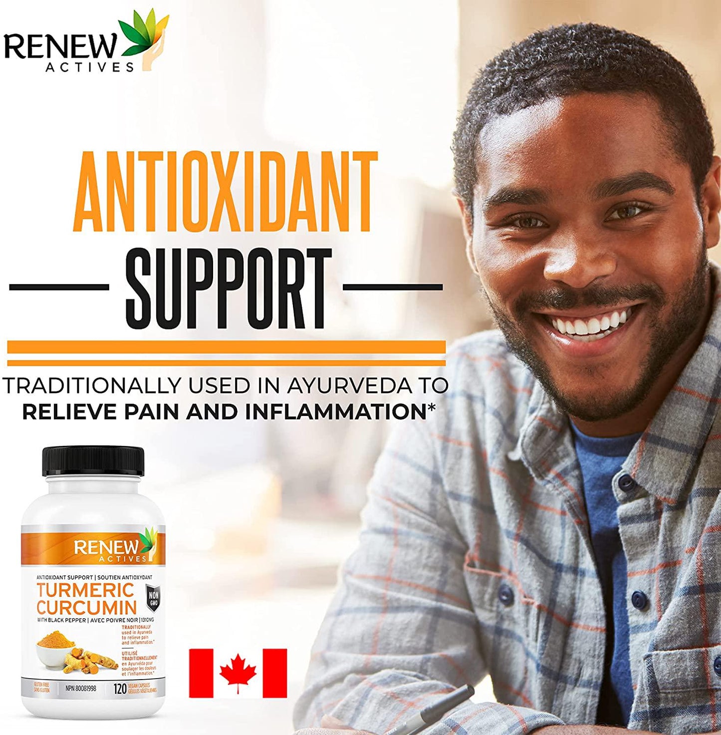 DOUBLE STRENGTH ORGANIC TURMERIC + BLACK PEPPER: Renew Actives 1300mg Turmeric Curcumin Supplement with Bioperine - Natural Anti Inflammatory Pills for Joint Pain Support - 120 Veggie Capsules