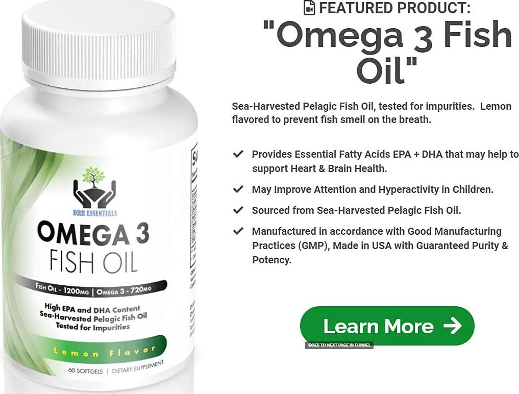 DRR Essentials Omega 3 Fish Oil Supplement Pack of 60 Soft Gels, 1200mg - Lemon Flavor | DHA and EPA Fatty Acids | Heart and Brain Support | GMP Certified