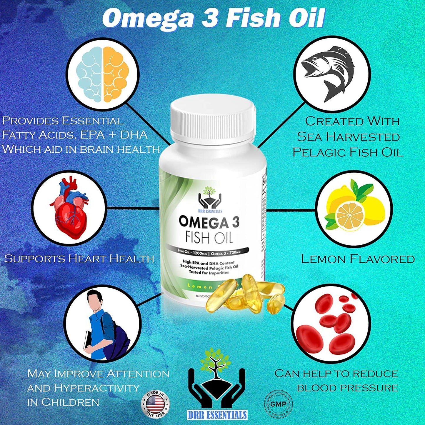 DRR Essentials Omega 3 Fish Oil Supplement Pack of 60 Soft Gels, 1200mg - Lemon Flavor | DHA and EPA Fatty Acids | Heart and Brain Support | GMP Certified