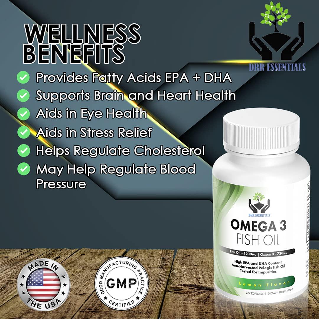 DRR Essentials Omega 3 Fish Oil Supplement Pack of 60 Soft Gels, 1200mg - Lemon Flavor | DHA and EPA Fatty Acids | Heart and Brain Support | GMP Certified