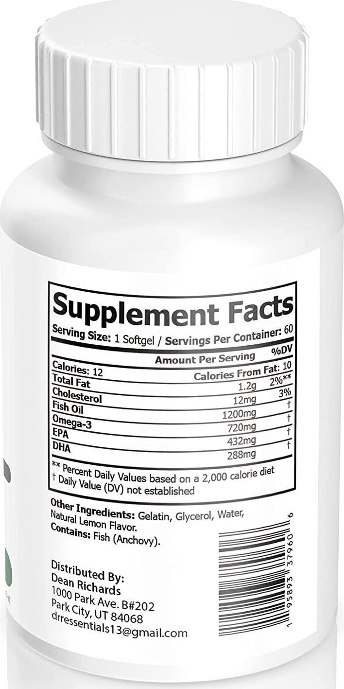DRR Essentials Omega 3 Fish Oil Supplement Pack of 60 Soft Gels, 1200mg - Lemon Flavor | DHA and EPA Fatty Acids | Heart and Brain Support | GMP Certified