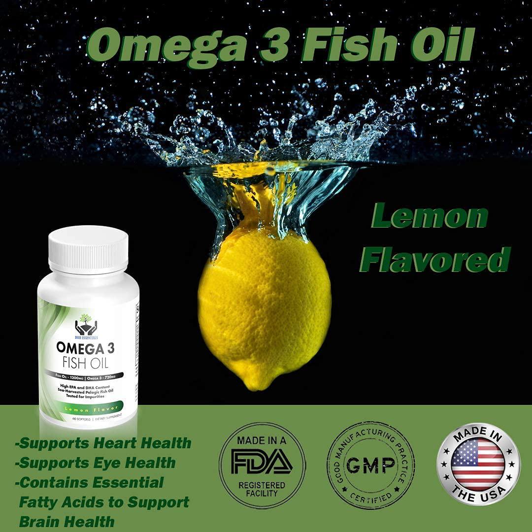 DRR Essentials Omega 3 Fish Oil Supplement Pack of 60 Soft Gels, 1200mg - Lemon Flavor | DHA and EPA Fatty Acids | Heart and Brain Support | GMP Certified