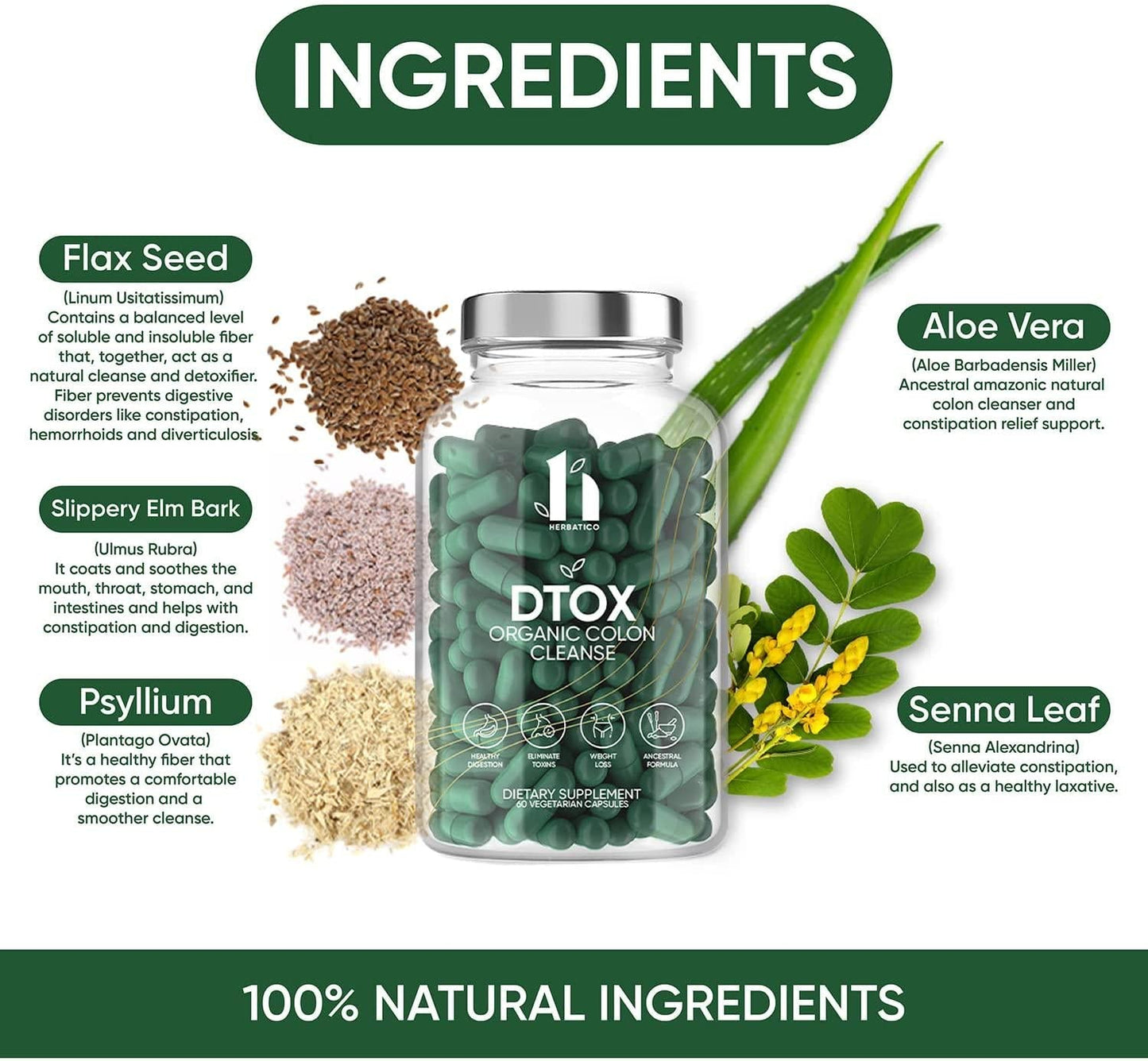 DTOX Colon Cleanse, Detox and Weight Loss Support Organic Supplement - Super Colon Cleanser with Psyllium Husk. Herbal and Natural Laxative for Constipation Relief and Bloating. 60 Capsules