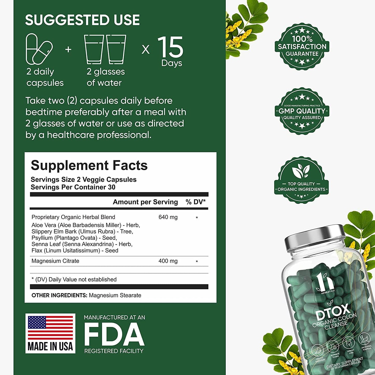 DTOX Colon Cleanse, Detox and Weight Loss Support Organic Supplement - Super Colon Cleanser with Psyllium Husk. Herbal and Natural Laxative for Constipation Relief and Bloating. 60 Capsules