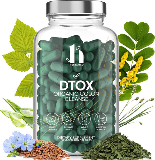 DTOX Colon Cleanse, Detox and Weight Loss Support Organic Supplement - Super Colon Cleanser with Psyllium Husk. Herbal and Natural Laxative for Constipation Relief and Bloating. 60 Capsules