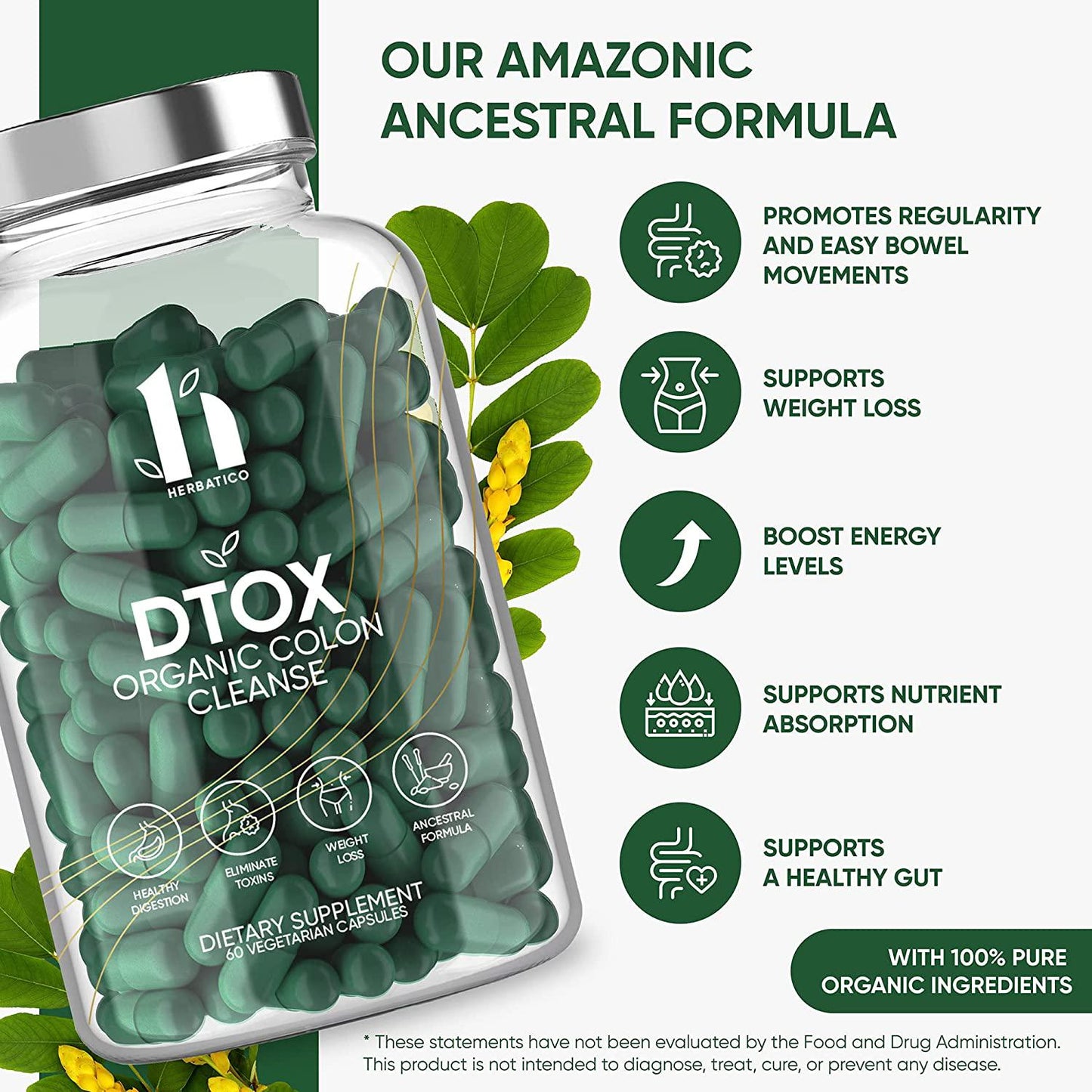 DTOX Colon Cleanse, Detox and Weight Loss Support Organic Supplement - Super Colon Cleanser with Psyllium Husk. Herbal and Natural Laxative for Constipation Relief and Bloating. 60 Capsules