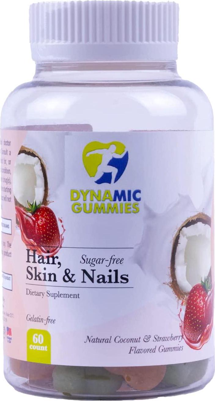 DYNAMIC GUMMIES Hair Nails and Skin, Sugar Free Supplement for Women, Vitamin C, A, D3, E, B6 + Biotin and Folic Acid, Natural Fruit Flavors, 60 Gummies