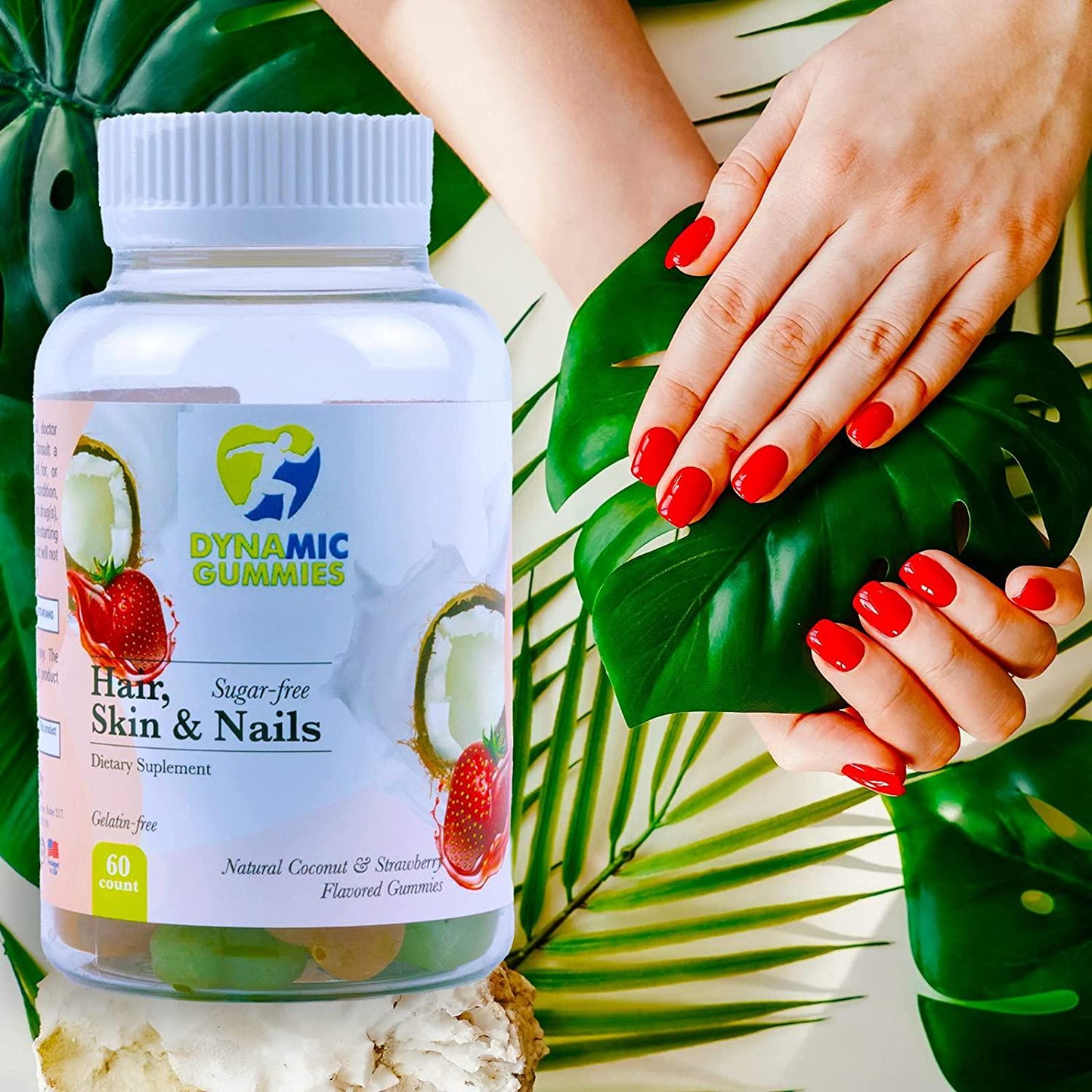 DYNAMIC GUMMIES Hair Nails and Skin, Sugar Free Supplement for Women, Vitamin C, A, D3, E, B6 + Biotin and Folic Acid, Natural Fruit Flavors, 60 Gummies