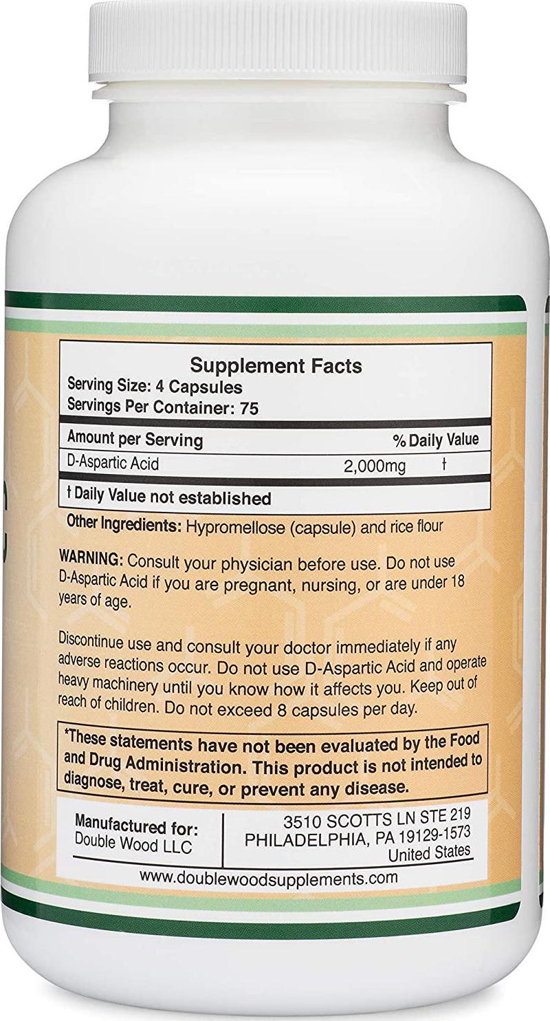 D-Aspartic Acid (DAA) 2,000mg Per Serving, 300 Capsules, Promotes Athletic Performance and Testosterone Levels (Vegan Safe, Non-GMO, Gluten Free, Manufactured in The USA) by Double Wood Supplements
