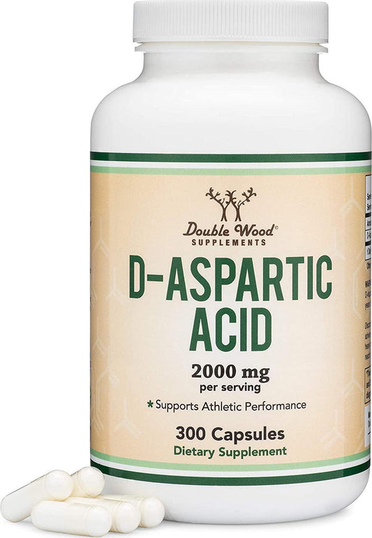 D-Aspartic Acid (DAA) 2,000mg Per Serving, 300 Capsules, Promotes Athletic Performance and Testosterone Levels (Vegan Safe, Non-GMO, Gluten Free, Manufactured in The USA) by Double Wood Supplements