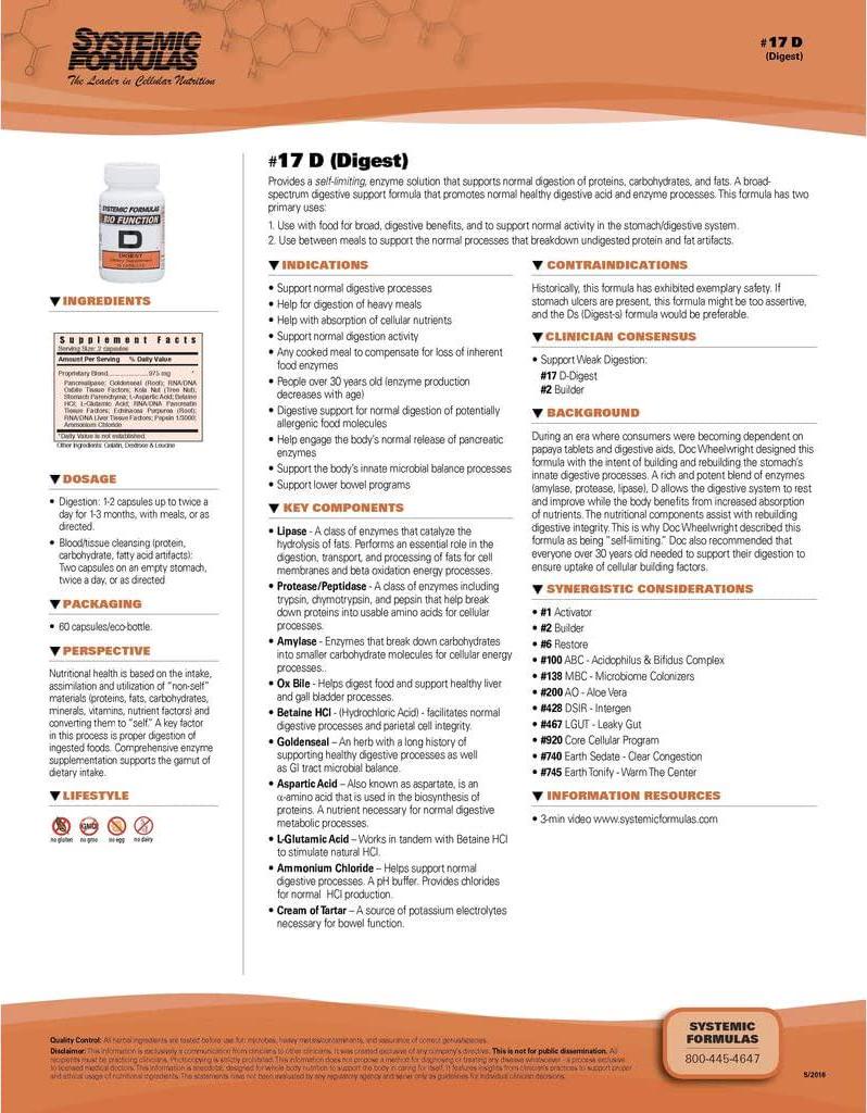Systemic Formulas Bio Function #17 D Digest 60 Capsules. Helps Digestion of Heavy Meals and Absorption of Nutrients