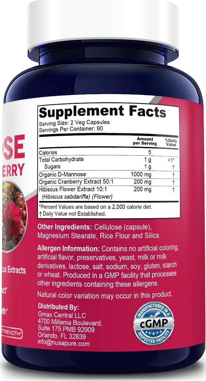 D-Mannose 1000 mg 180 Veggie Caps with Hibiscus 200 mg (10:1) and Org. Cranberry Ext. 50:1 Urinary Tract Health Formula