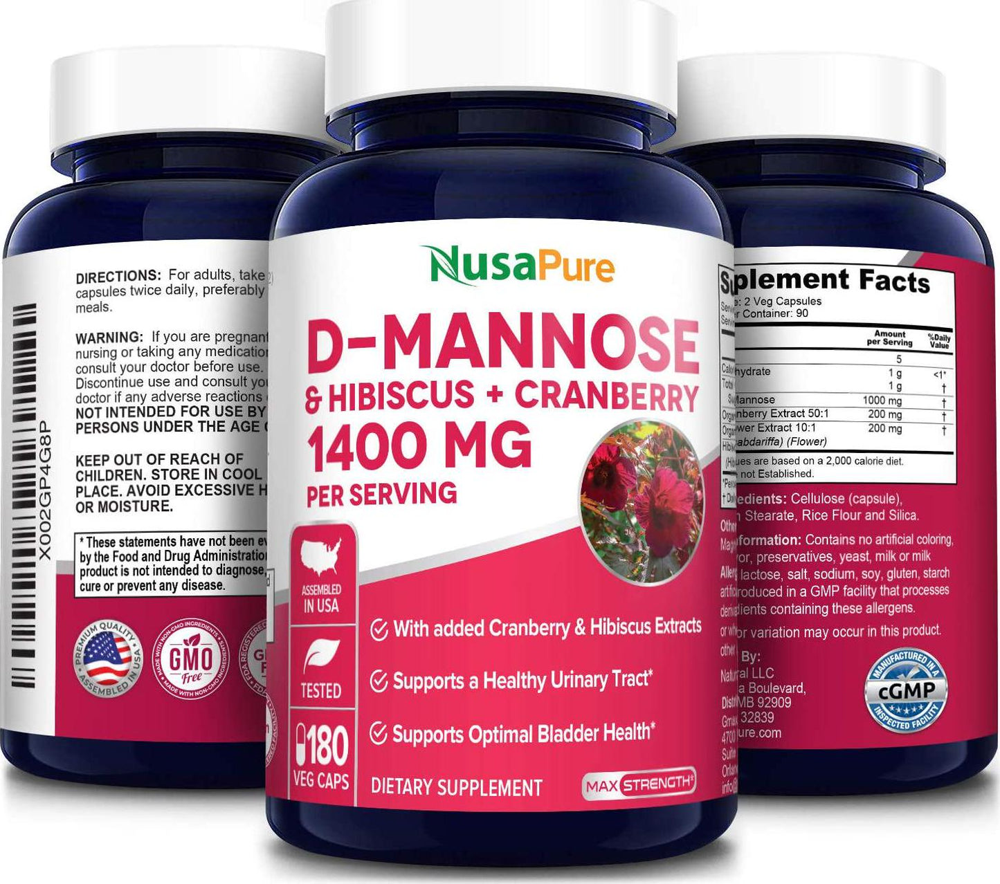 D-Mannose 1000 mg 180 Veggie Caps with Hibiscus 200 mg (10:1) and Org. Cranberry Ext. 50:1 Urinary Tract Health Formula