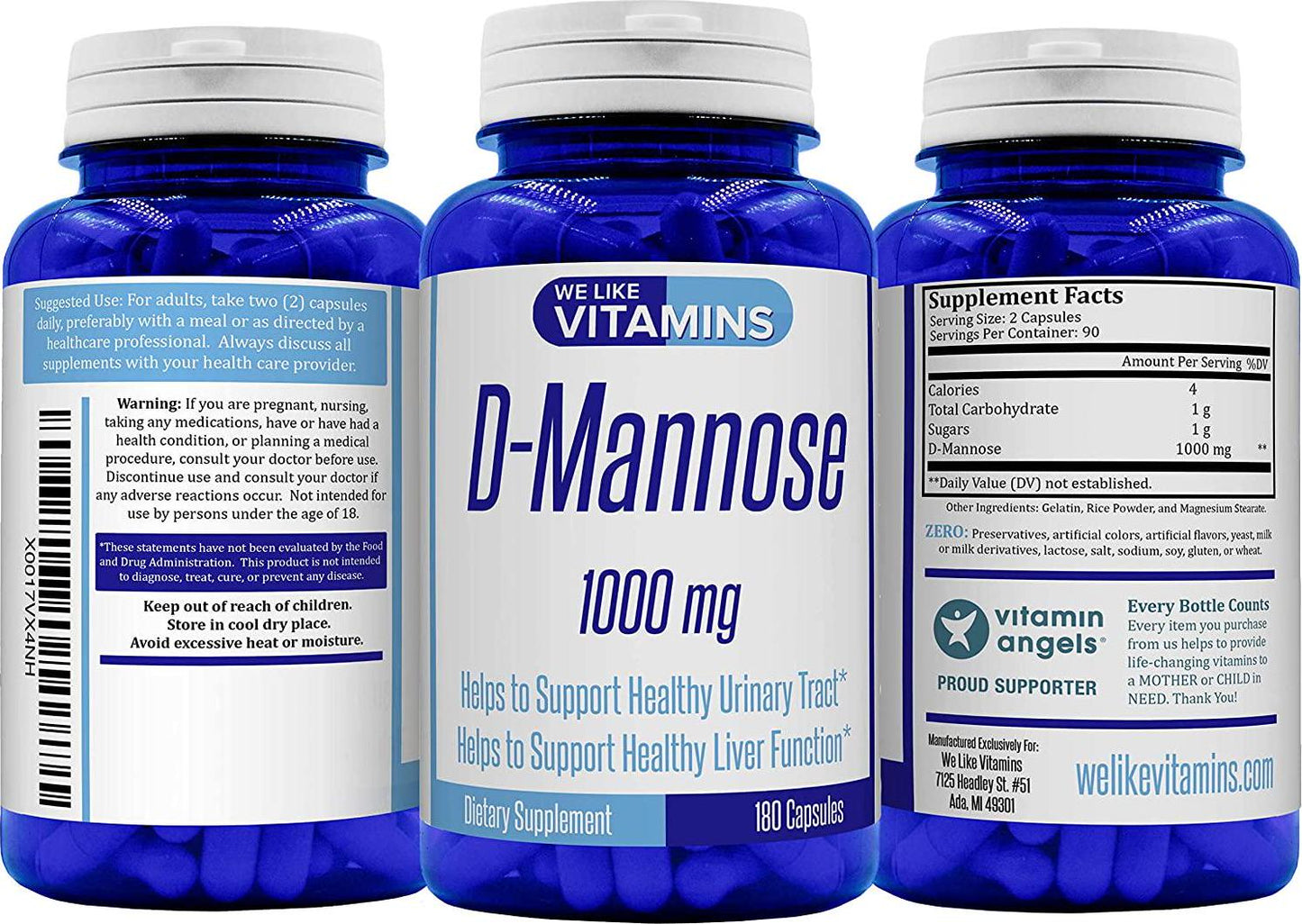 D-Mannose 1000mg per Serving 180 Capsules - 3 Month Supply - D Mannose Supplement with UTI Support in D-Mannose Capsules Helps Support Bladder and Urinary Tract Health