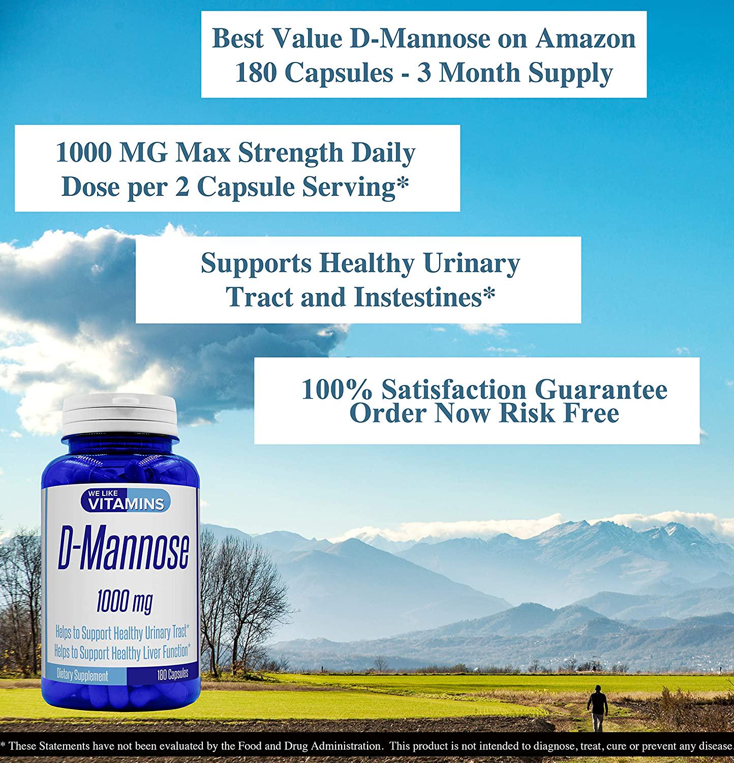 D-Mannose 1000mg per Serving 180 Capsules - 3 Month Supply - D Mannose Supplement with UTI Support in D-Mannose Capsules Helps Support Bladder and Urinary Tract Health