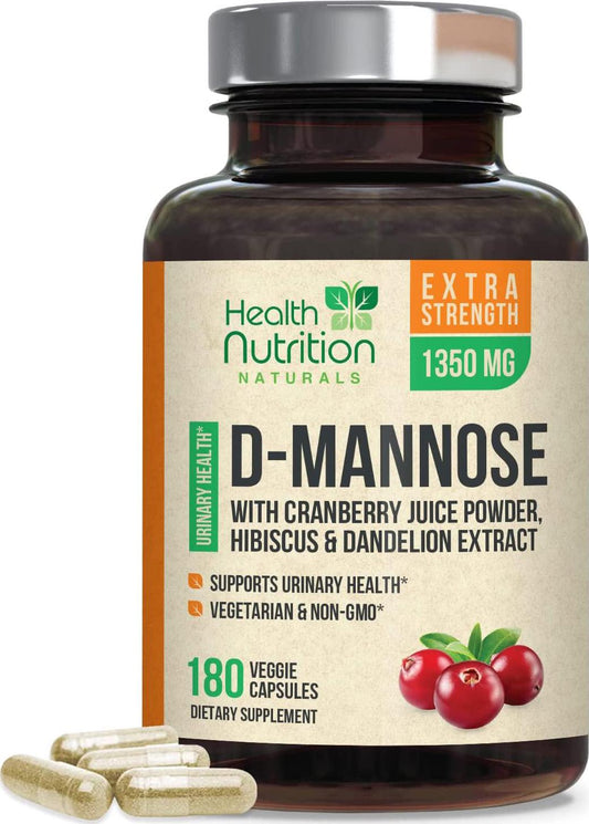 D-Mannose 1350mg - Extra Strength, Fast-Acting Natural Urinary Tract Health Support - Includes Cranberry Extract, Dandelion, Hibiscus (180 Capsules)