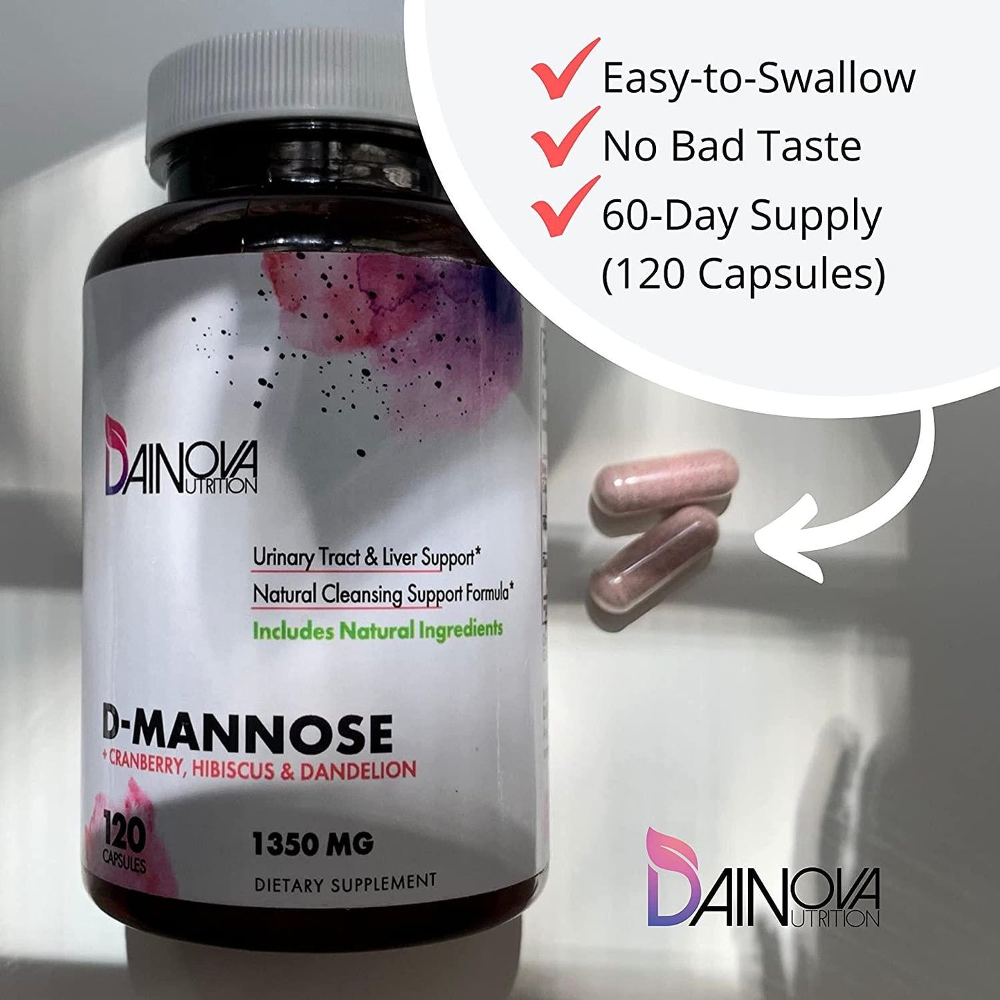 D Mannose Capsules 1350mg, D-Mannose with Cranberry for Urinary Tract Health, Bladder Control, UTI Treatment, Kidney Cleanse, Liver Support. Plus Hibiscus and Dandelion. Pills for Women and Men, 120 Ct