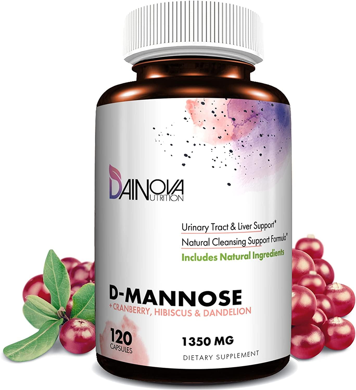 D Mannose Capsules 1350mg, D-Mannose with Cranberry for Urinary Tract Health, Bladder Control, UTI Treatment, Kidney Cleanse, Liver Support. Plus Hibiscus and Dandelion. Pills for Women and Men, 120 Ct