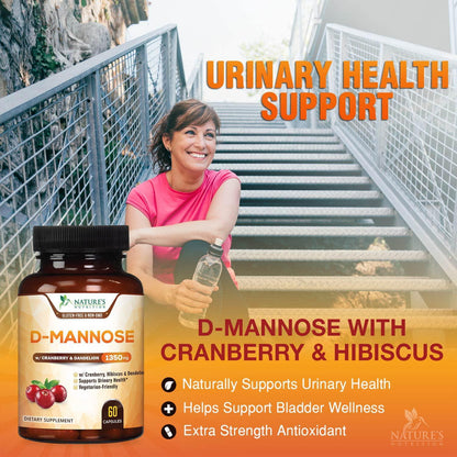 D-Mannose Capsules with Cranberry for UTI Support 1350mg - Extra Strength Urinary Tract Cleanse and Bladder Health, All-Natural Fast-Acting Pills w/Dandelion and Hibiscus - 60 Capsules