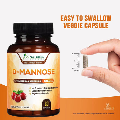 D-Mannose Capsules with Cranberry for UTI Support 1350mg - Extra Strength Urinary Tract Cleanse and Bladder Health, All-Natural Fast-Acting Pills w/Dandelion and Hibiscus - 60 Capsules