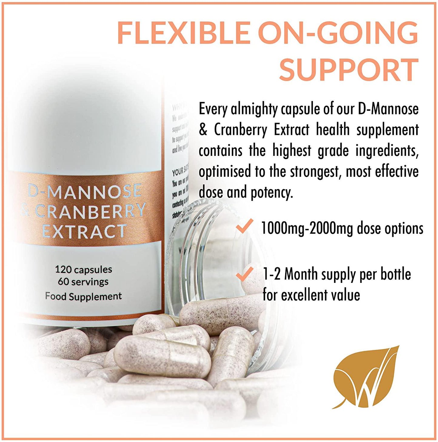 D-Mannose With Cranberry Extract Capsules 1000mg-2000mg Dose 30-60 Day Supply, Vegan Premium High Strength, UTI Cystitis Health Supplement, Urinary Tract Bladder Cleanse, 100% Natural, UK Made