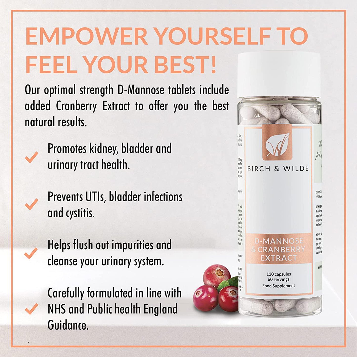 D-Mannose With Cranberry Extract Capsules 1000mg-2000mg Dose 30-60 Day Supply, Vegan Premium High Strength, UTI Cystitis Health Supplement, Urinary Tract Bladder Cleanse, 100% Natural, UK Made