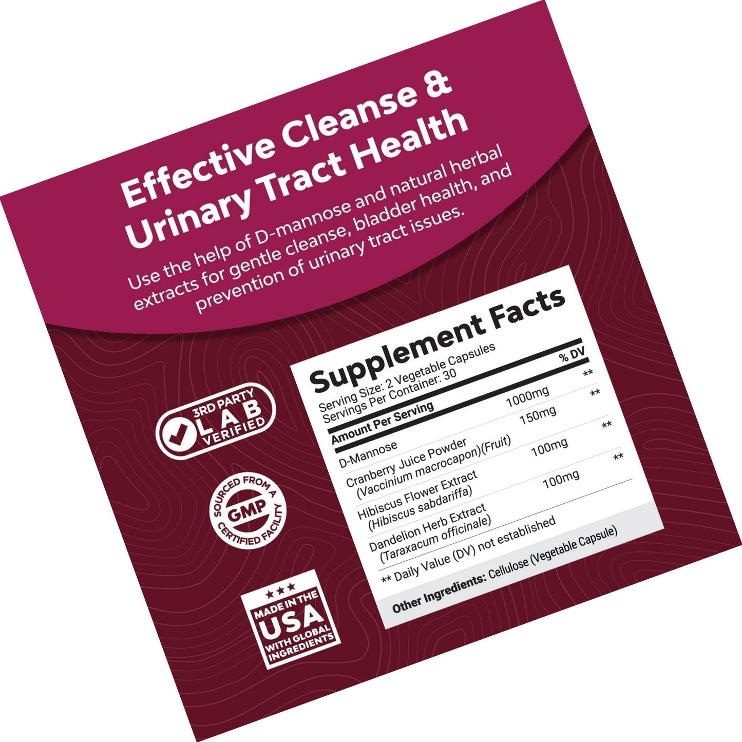 D Mannose with Cranberry Extract Capsules - D Mannose Capsules for Kidney Cleanse Liver Support and Urinary Tract Health for Women - D-Mannose 1000mg Capsules with Hibiscus and Dandelion 60 Count