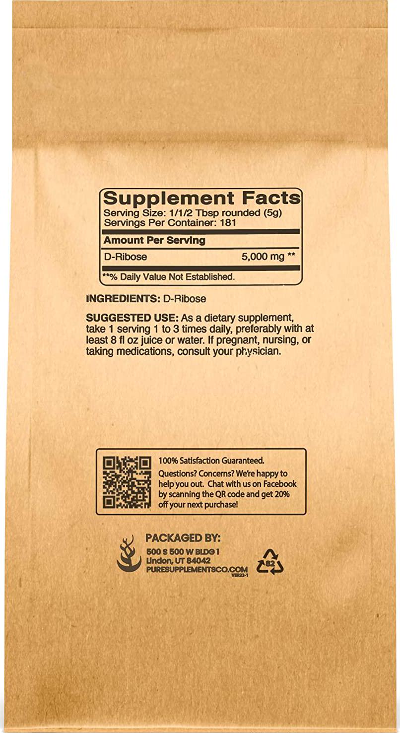 D-Ribose Powder, 2 lb, 5000 mg Serving, Premium Quality Nutritional Supplement, Non-GMO, Gluten-Free, Unflavored, Made in USA, Naturally Potent, No Additives, Eco-Friendly Packaging