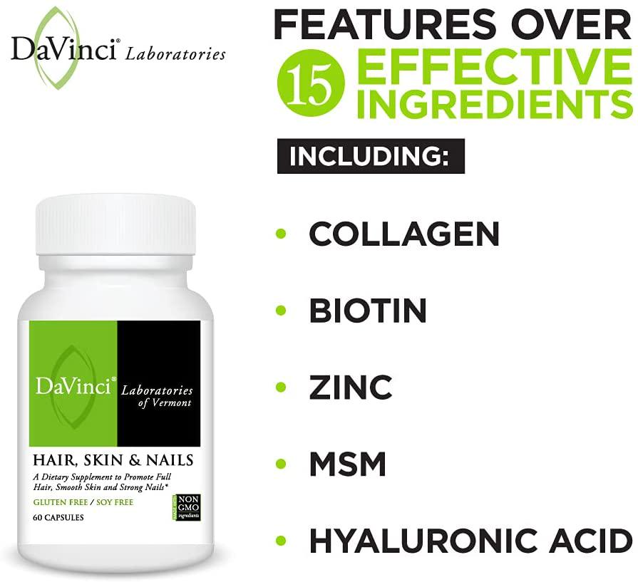 DaVinci Laboratories Hair Skin and Nails, Supplement for Hair Growth and Thickness, Biotin, Zinc, Hyaluronic Acid, MSM, Collagen, 60 Capsules