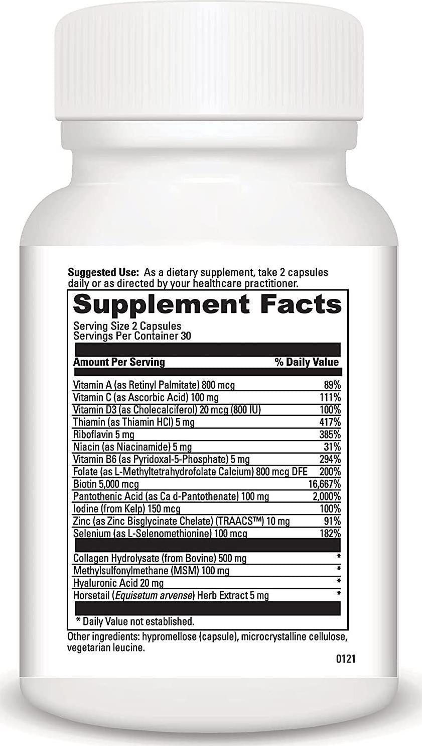 DaVinci Laboratories Hair Skin and Nails, Supplement for Hair Growth and Thickness, Biotin, Zinc, Hyaluronic Acid, MSM, Collagen, 60 Capsules