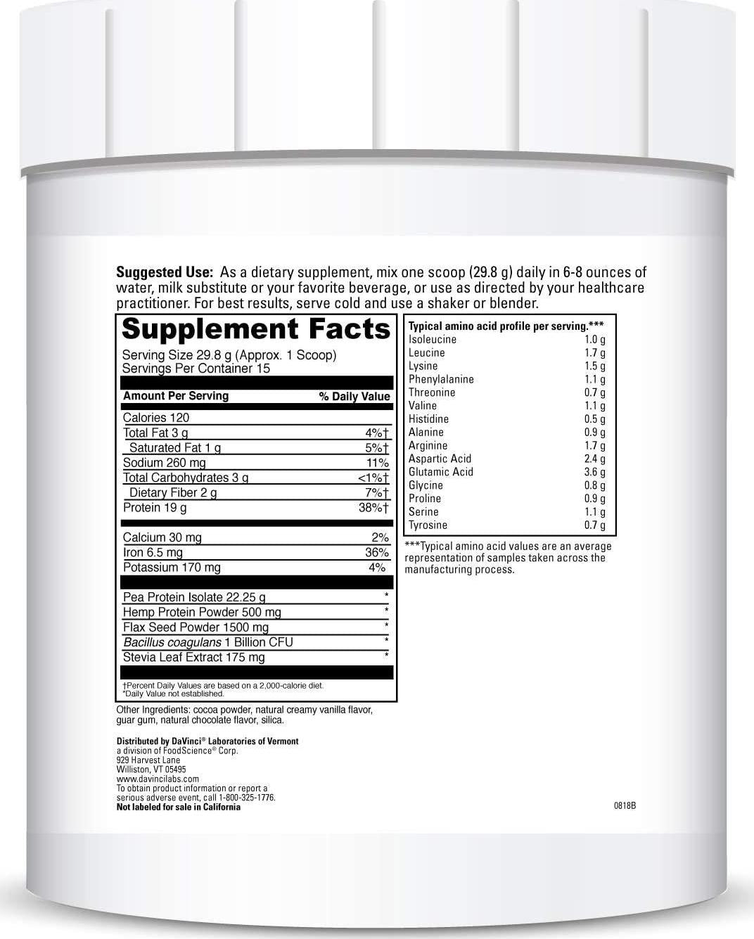 DaVinci Labs Vegan Protein - Protein Powder Supplement for Weight Support, Muscle and Tissue Repair* - With Pea, Flax Seed, and More - Creamy Chocolate Flavor - Soy and Gluten-Free - 447g, 15 Servings