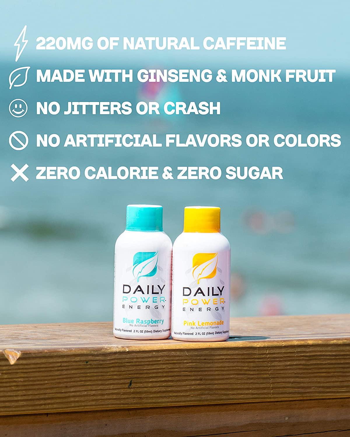 DailyPower Energy Shot - 220mg of Natural Caffeine From Green Coffee Bean, Ginseng, Monk Fruit, Stevia, Amino Acids, B-Vitamins, Zero Sugar and Zero Calorie - 6 Pack (Blue Raspberry)