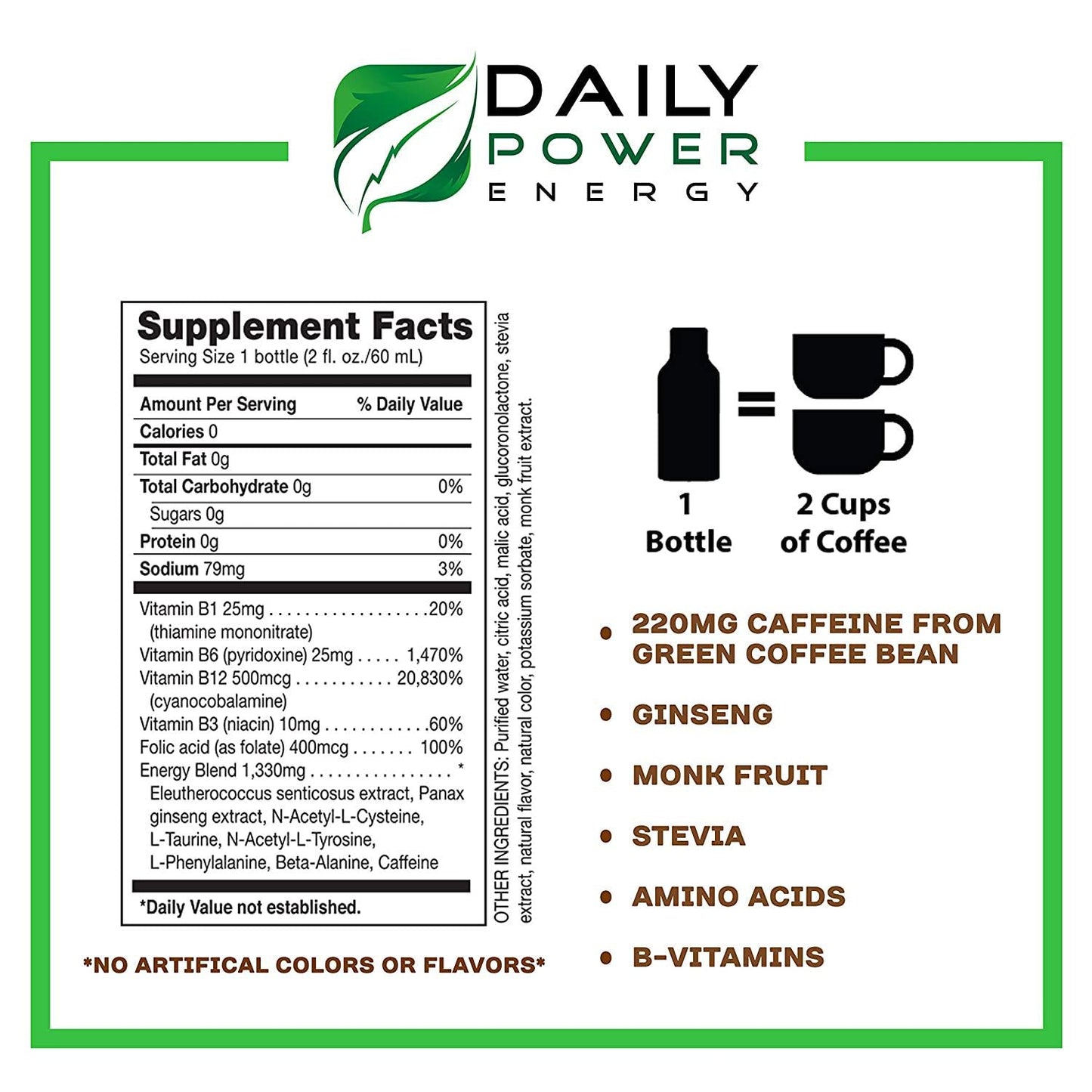 DailyPower Energy Shot - 220mg of Natural Caffeine From Green Coffee Bean, Ginseng, Monk Fruit, Stevia, Amino Acids, B-Vitamins, Zero Sugar and Zero Calorie - 6 Pack (Blue Raspberry)