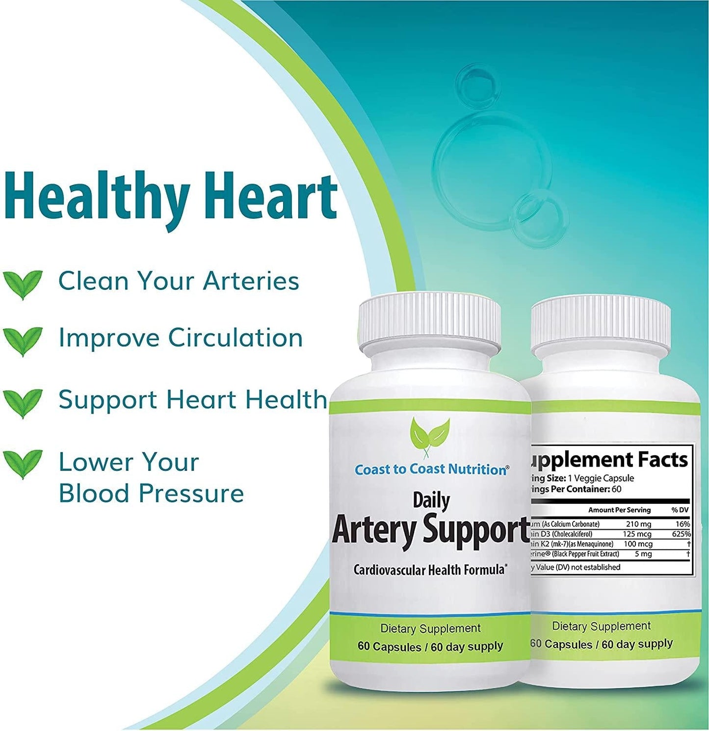 Daily Artery and HEART Health Supplement for IMPROVED CIRCULATION and CARDIOVASCULAR HEALTH. Supports Improved Blood Flow and Addresses Calcification of BLOOD VESSELS for a HEALTHY HEART | 60 Day Supply