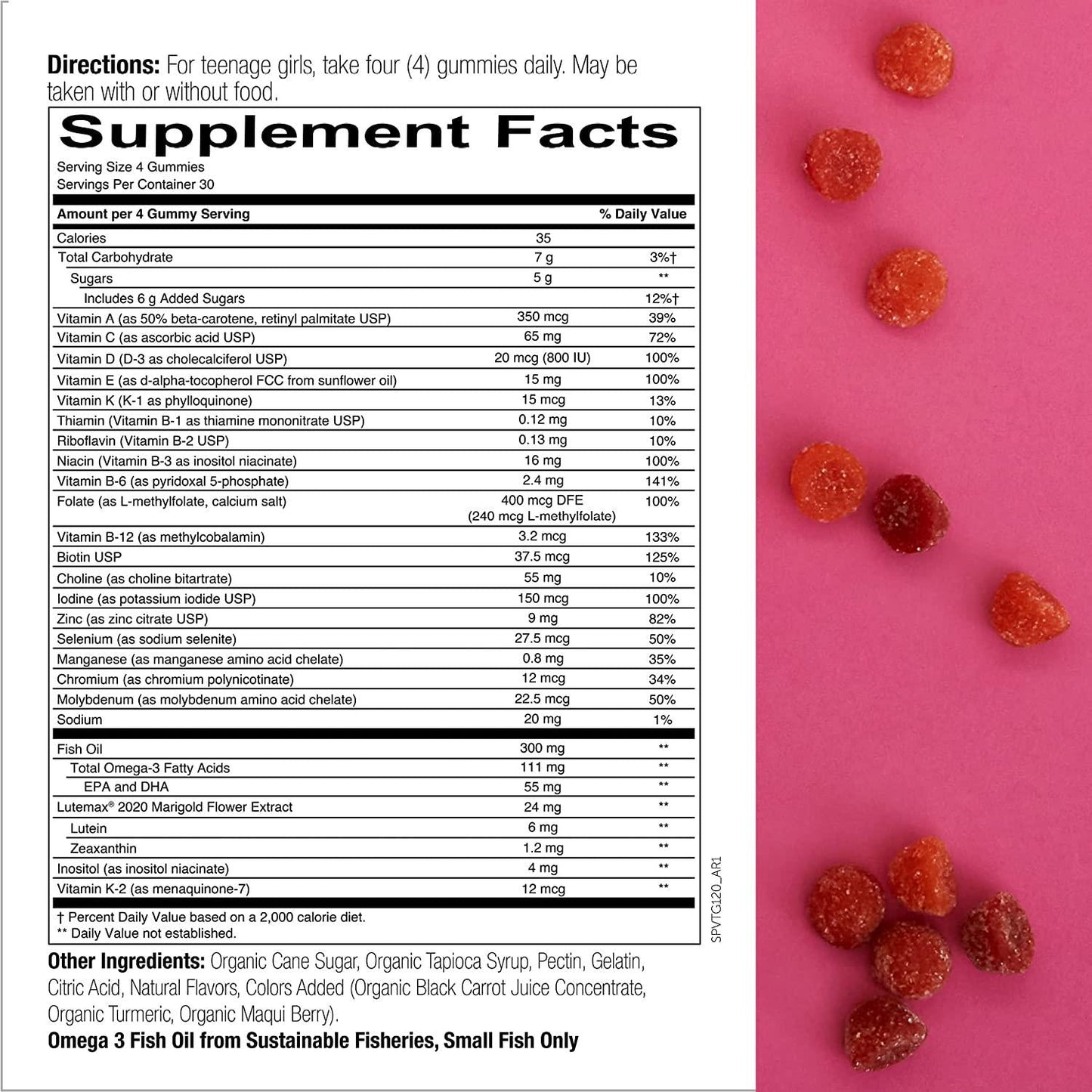 Daily Gummy Vitamin Teen Girl Complete: Vitamin C, Vitamin D3, Vitamin E, Omega 3, Vitamin B12, Multivitamin, Vitamin K2, Lutein Immune Support, Zeaxanthin, by SmartyPants, 120 Count (30 Day Supply)
