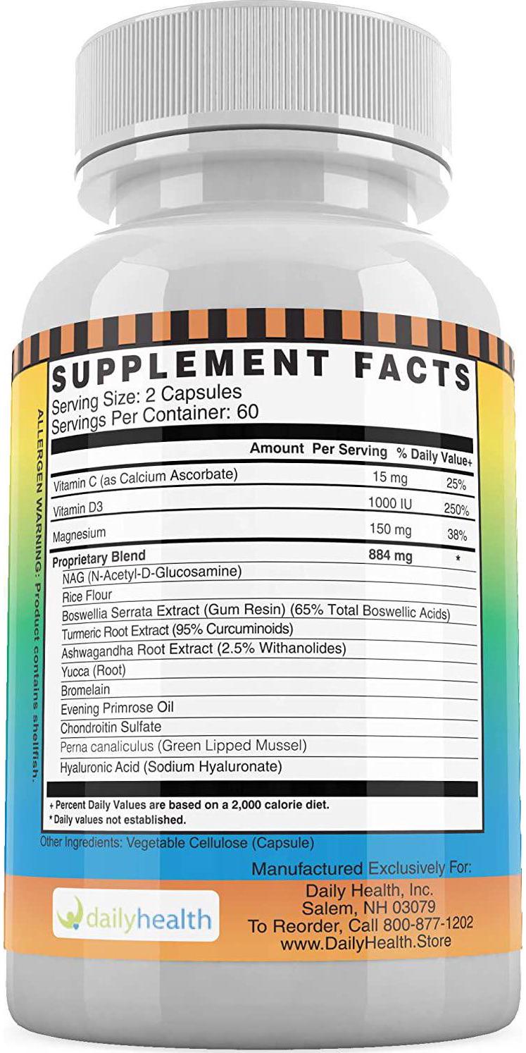 Daily Health, Flexprotex D 884mg Joint Muscle Support Natural Herbal Ingredients Turmeric Chondroitin Glucosamine Yucca Boswellia Hyaluronic Acid Ashwagandha D3 Magnesium Blend 1 Bottle 120 Capsules