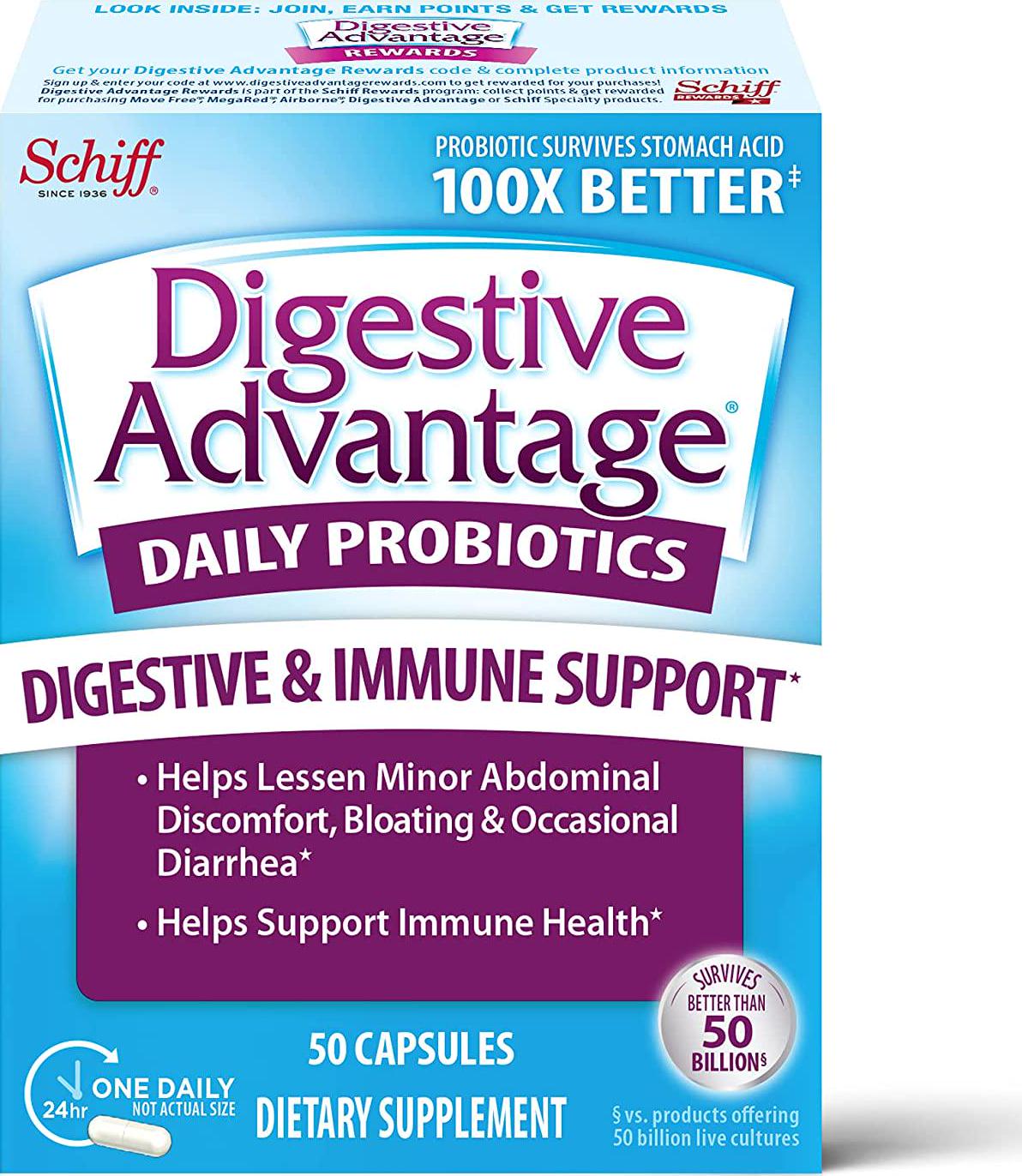 Daily Probiotic Capsule - Digestive Advantage (50 count in a box), Survives 100x Better Than Regular 50 Billion CFU, Lessen Minor Abdominal Discomfort, Bloating and Occasional Diarrhea