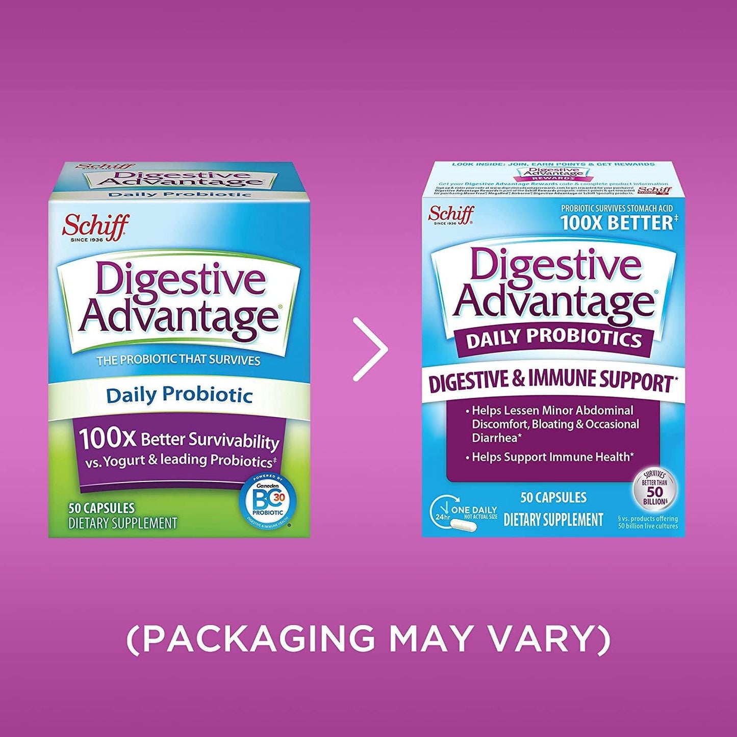 Daily Probiotic Capsule - Digestive Advantage (50 count in a box), Survives 100x Better Than Regular 50 Billion CFU, Lessen Minor Abdominal Discomfort, Bloating and Occasional Diarrhea