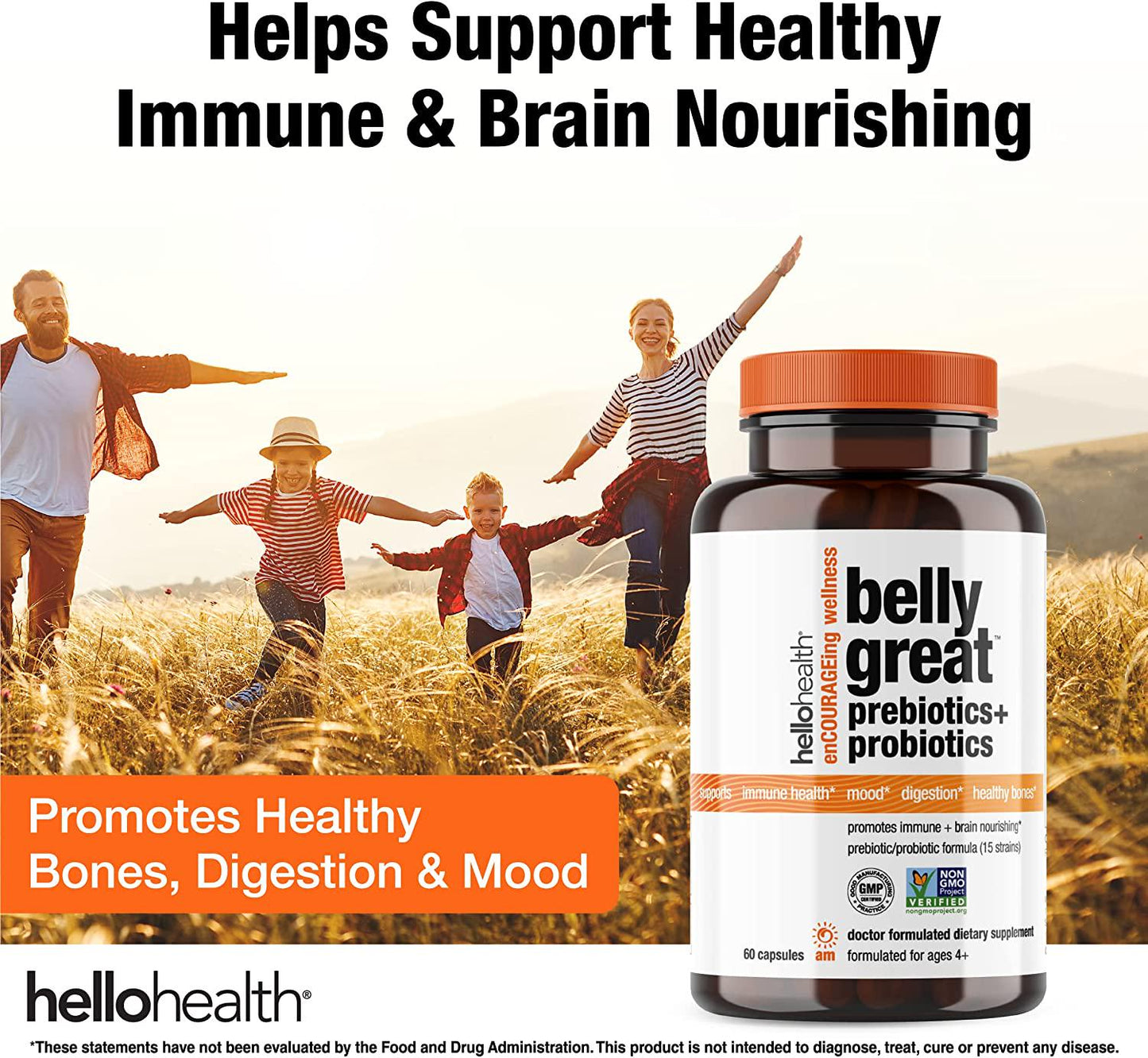 Daily Probiotic for Women, Men + Kids Probiotic –Belly Great Prebiotics and Probiotics for Gut Health, Immune Support, Stress Relief + Vitamin D3, Folate B Vitamins: 15 Strain, Gluten Free -60 Count