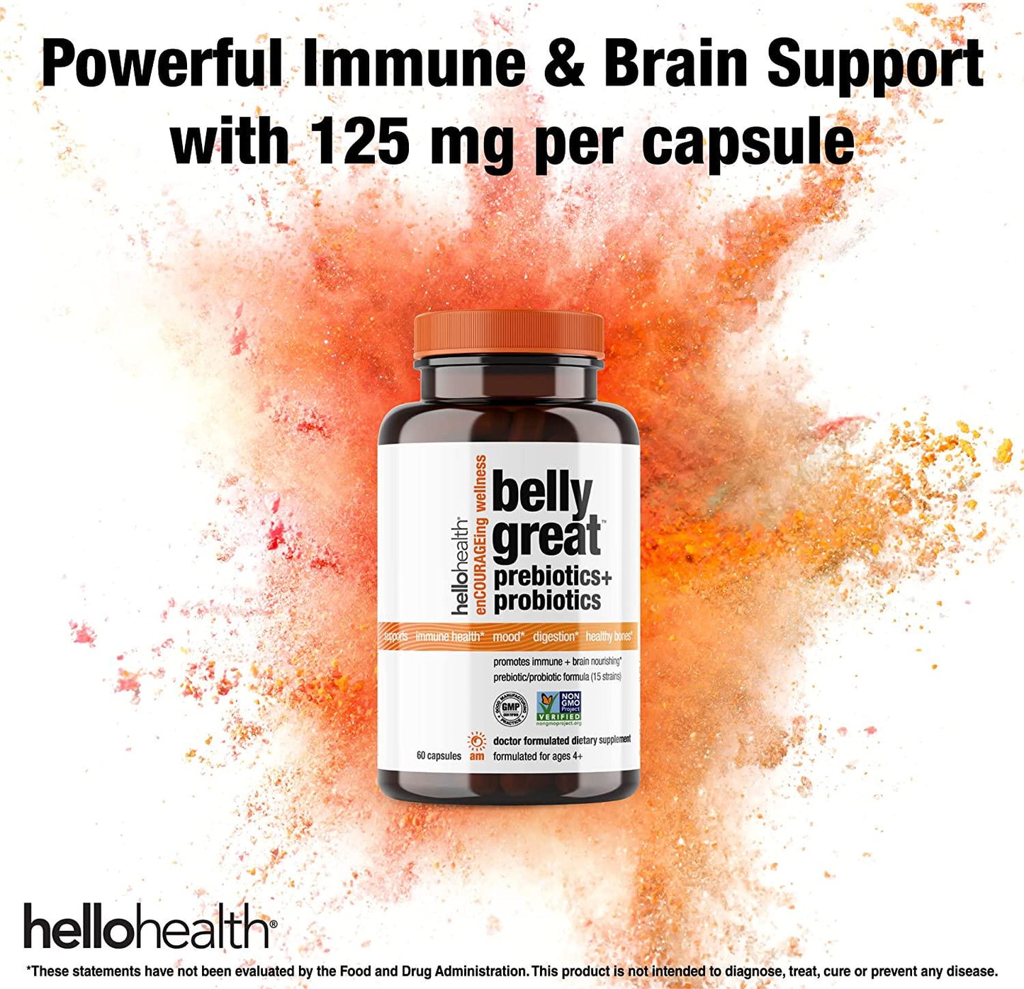 Daily Probiotic for Women, Men + Kids Probiotic –Belly Great Prebiotics and Probiotics for Gut Health, Immune Support, Stress Relief + Vitamin D3, Folate B Vitamins: 15 Strain, Gluten Free -60 Count