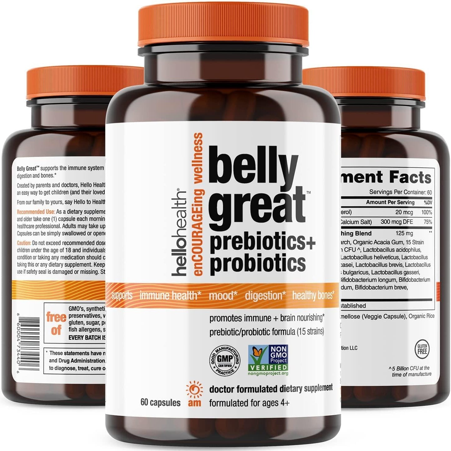 Daily Probiotic for Women, Men + Kids Probiotic –Belly Great Prebiotics and Probiotics for Gut Health, Immune Support, Stress Relief + Vitamin D3, Folate B Vitamins: 15 Strain, Gluten Free -60 Count