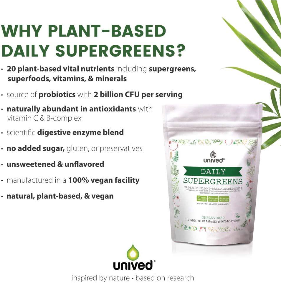 Daily Supergreens Powder, Plant-Based Superfood Blend of 20 Vital Nutrients, 2 Billion Probiotics, Digestive Enzymes, Iron and Fiber Rich, with Antioxidants, Vitamins and Minerals, Unflavored, 31 servings