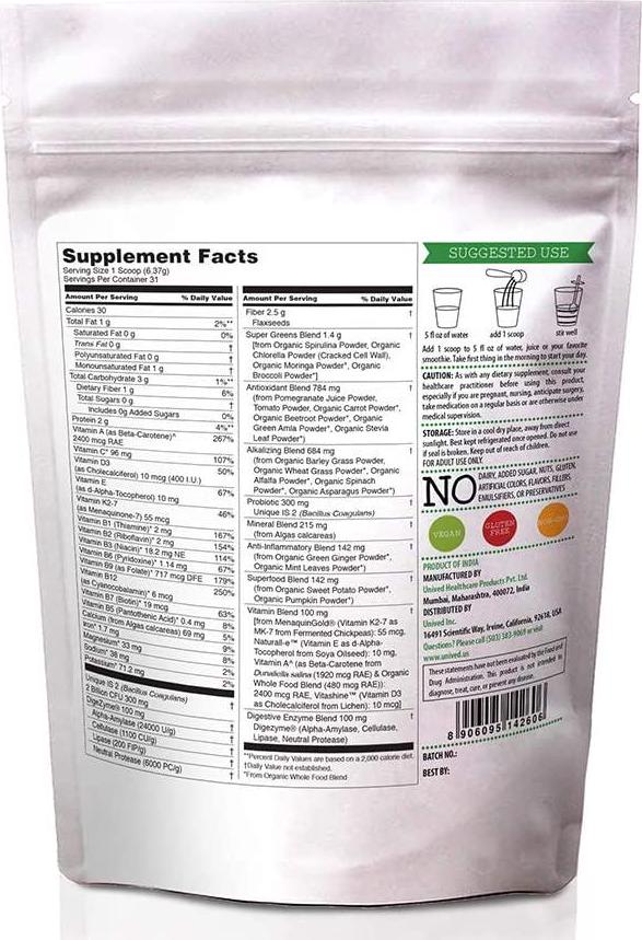 Daily Supergreens Powder, Plant-Based Superfood Blend of 20 Vital Nutrients, 2 Billion Probiotics, Digestive Enzymes, Iron and Fiber Rich, with Antioxidants, Vitamins and Minerals, Unflavored, 31 servings