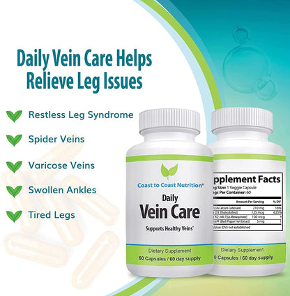 Daily Vein Health Supplement | Improve Leg Circulation and Heart Health by Expanding Arteries for Improved Blood Flow | Vitamins K2 and D3 |60 Day Supply