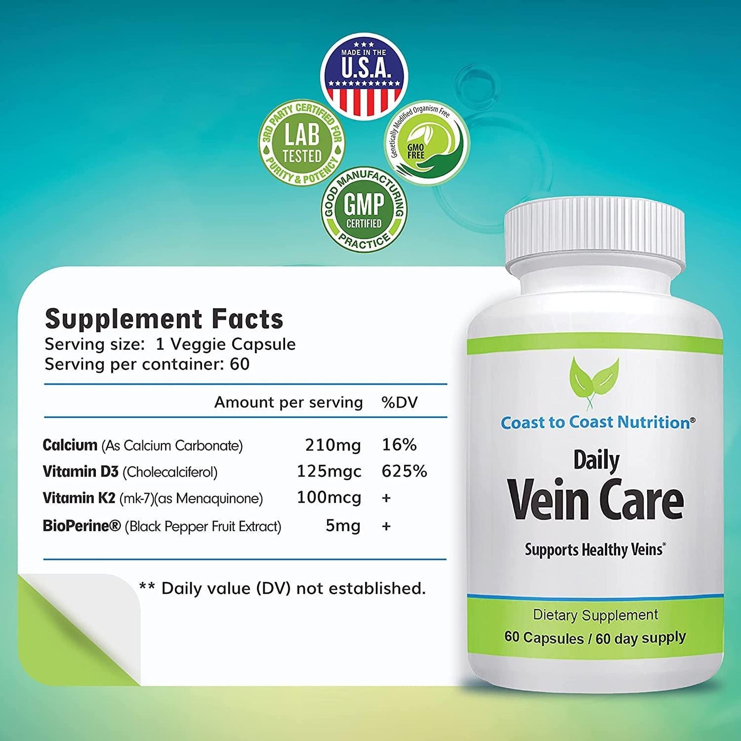 Daily Vein Health Supplement | Improve Leg Circulation and Heart Health by Expanding Arteries for Improved Blood Flow | Vitamins K2 and D3 |60 Day Supply