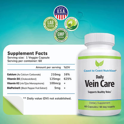 Daily Vein Health Supplement | Improve Leg Circulation and Heart Health by Expanding Arteries for Improved Blood Flow | Vitamins K2 and D3 |60 Day Supply