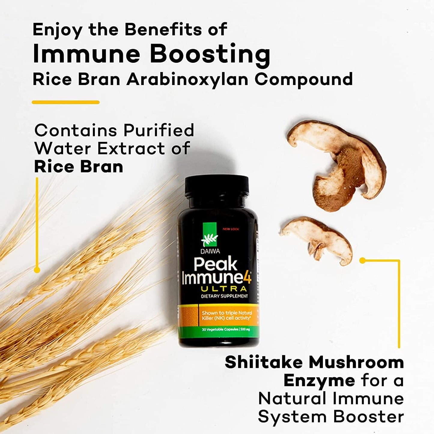 Daiwa Peak Immune 4 - Natural Immune System Booster Supplement 1000mg Dose - 30 Count Increases Killer Cell Activity and Healthy Cytokine Production - Superior Alternative to AHCC