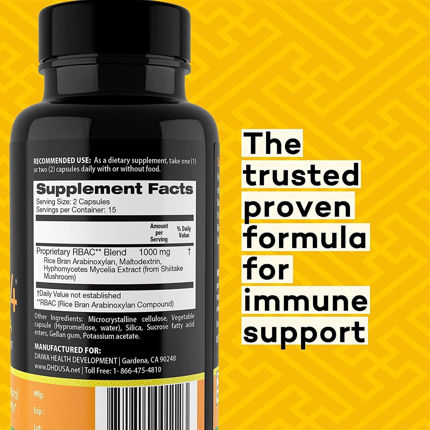 Daiwa Peak Immune 4 - Natural Immune System Booster Supplement 1000mg Dose - 30 Count Increases Killer Cell Activity and Healthy Cytokine Production - Superior Alternative to AHCC