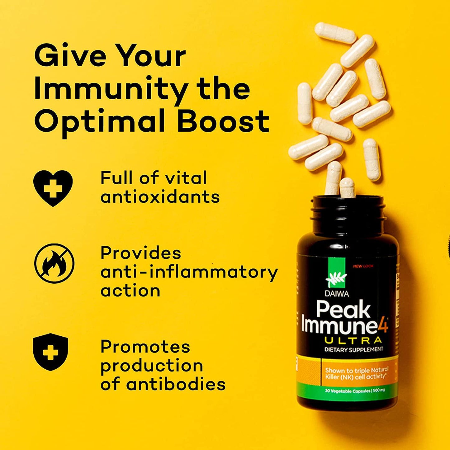 Daiwa Peak Immune 4 - Natural Immune System Booster Supplement 1000mg Dose - 30 Count Increases Killer Cell Activity and Healthy Cytokine Production - Superior Alternative to AHCC
